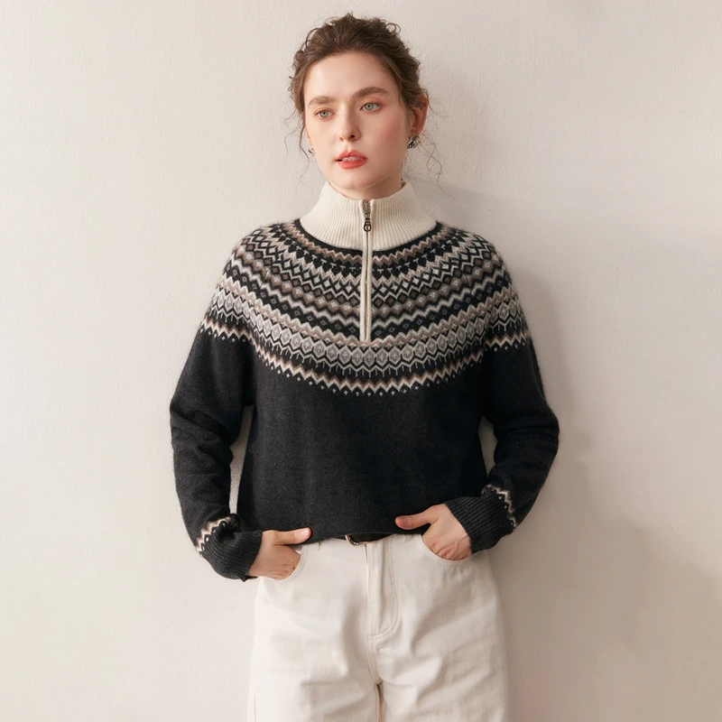 

New Autumn Winter Women's 100% Cashmere Half-Zip Fair Isle Sweater Vintage Classic Pullover Casual Comfortable Knitwear Clothing