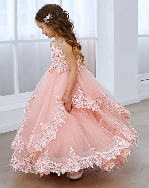 Pink Puffy Lace Applique Tulle Dress, Vestidos florais para casamento, Festa de aniversário, Vestidos de baile princesa, Vestido para crianças, 2024