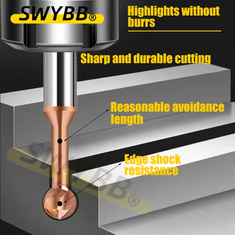 SWYBB Ball T-shaped Arch Lollipop R0.5-R10 End Milling Cutter For Steel And Aluminum Solid Carbide 3d Cnc Cutter