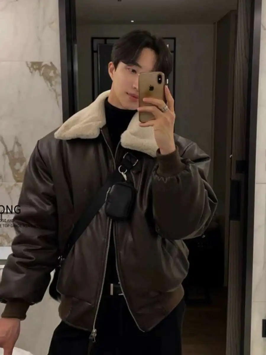 

Men's Winter Thiened Leather Jaet Lamb Fur Warmth Cotton Coat Loose Fit ort Length Zipper Closure Casual Wear