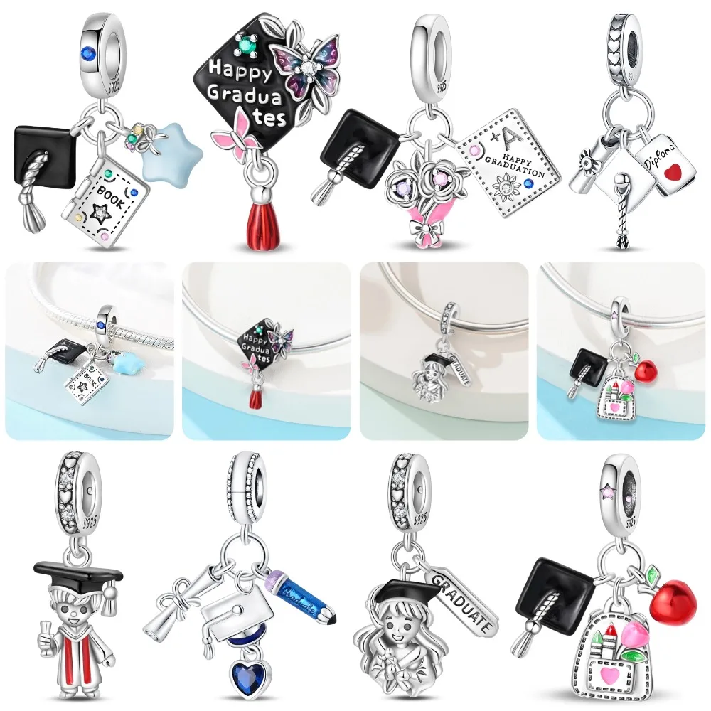 925 Sterling Silver Celebrate Graduation Cap Charms Bead Fit For Original Bracelet Diy Jewelry Making Gift For Family Friend