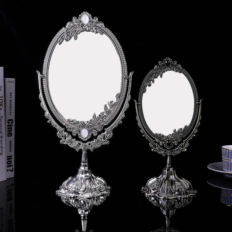 Vintage Metal Double Sided Makeup Mirror HD Beauty Mirror Dressing Table Desktop Decoration Exquisite Embossed Carving Glass Art