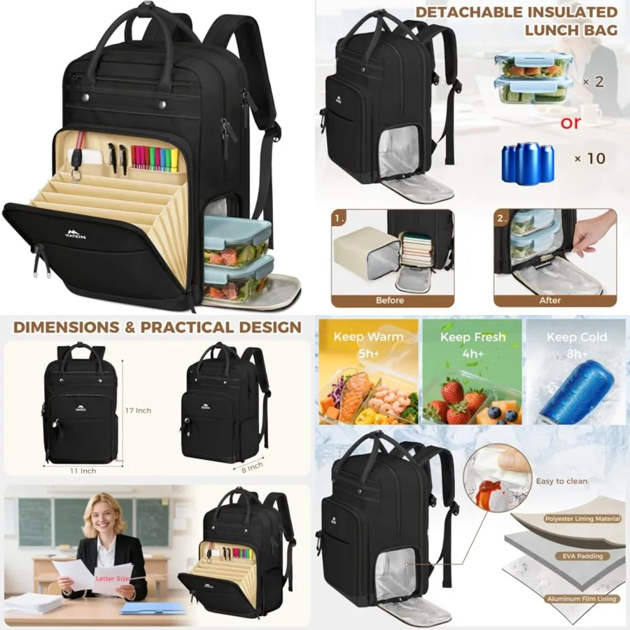 Mochila para profesores con compartimento para el almuerzo, mochila para el almuerzo de 15.6 pulgadas para hombres con bolsillo organizado, mochilas universitarias para portátiles con compartimento para comidas