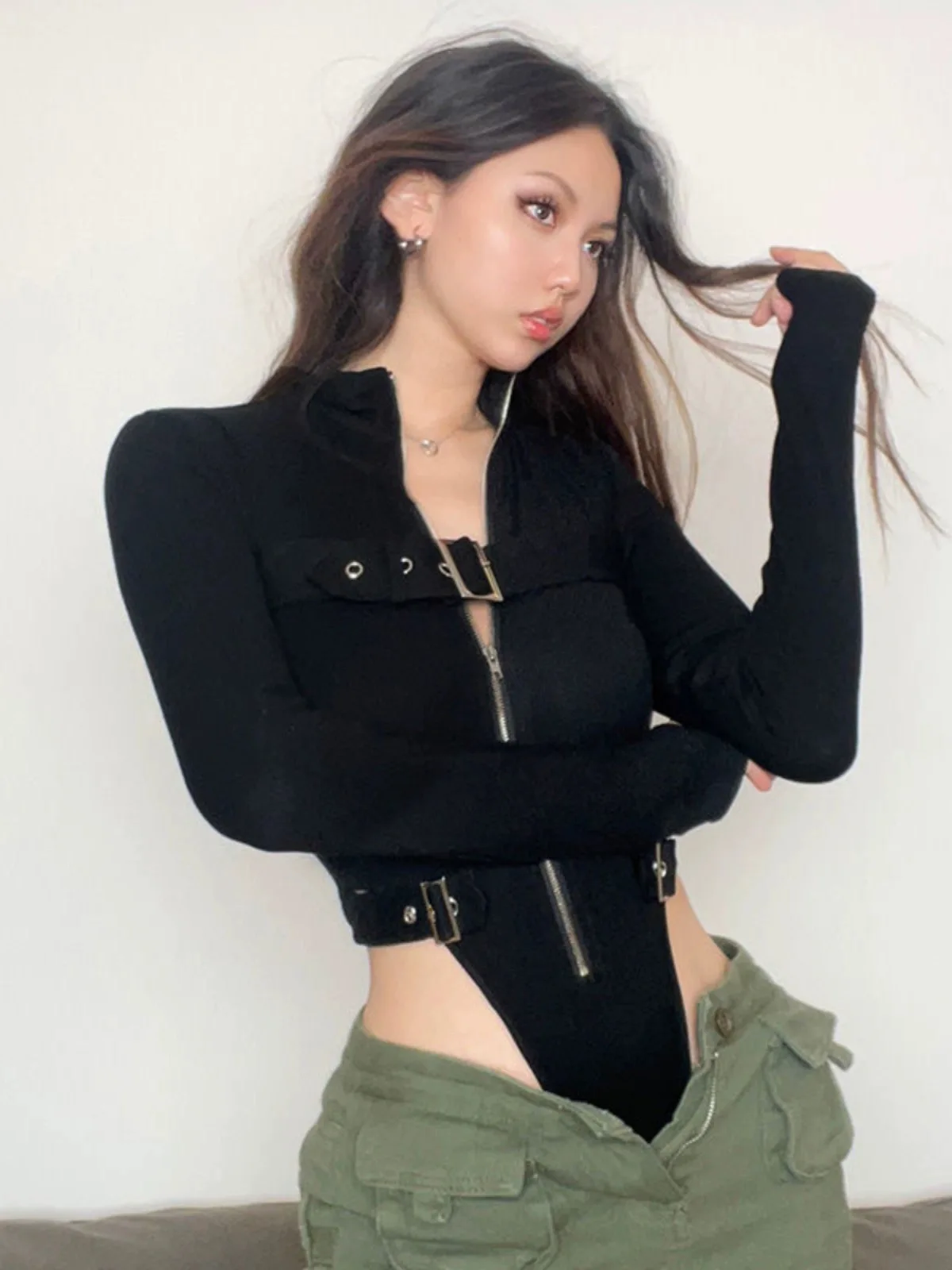 Hot Sweet Sexi ครึ่งซิปบอดี้สูทแขนยาวฤดูใบไม้ร่วง Y2K อินเทรนด์ Onesie Rompers สาว Cool Skinny Playsuit Vintage สีดําผอม