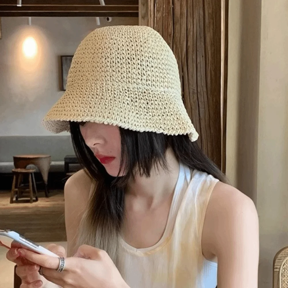 Unique Woven Women Sun Hat Korean Style Solid Color Straw Fisherman Hat Breathable Foldable Bucket Hat Seaside