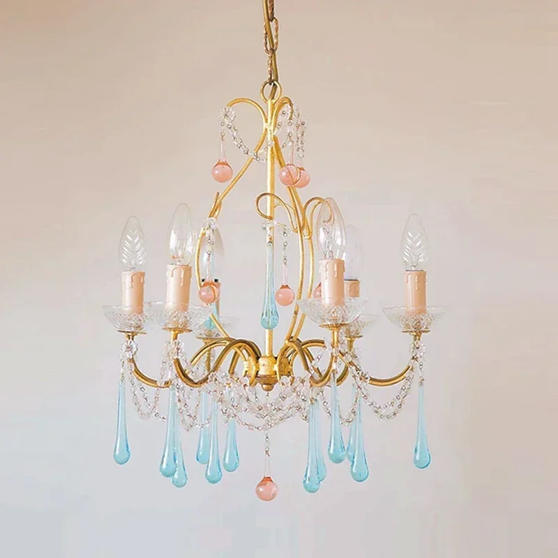 European French dream pink blue crystal all copper chandelier retro light luxury living room dining  bedroom  люстра подвесная