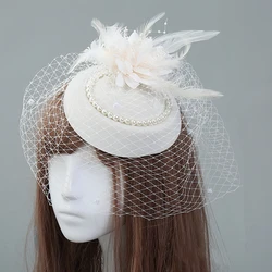 Women Veil Fascinator Hat with Clips，Feather Pearls Stewardess Cap Party Kentucky Derby Headpiece Photography