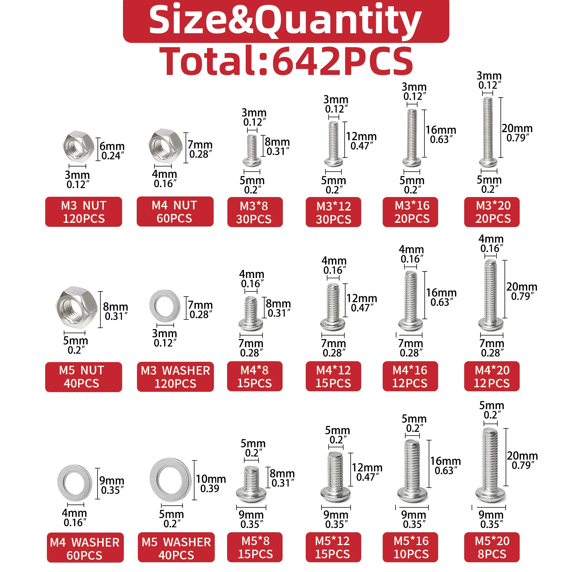 642pcs M5 M4 M3 Button Head Socket Cap Screws Bolts Nuts Washers Assortment Kit, 304 Stainless Steel Metric Screw Set, Small Bol