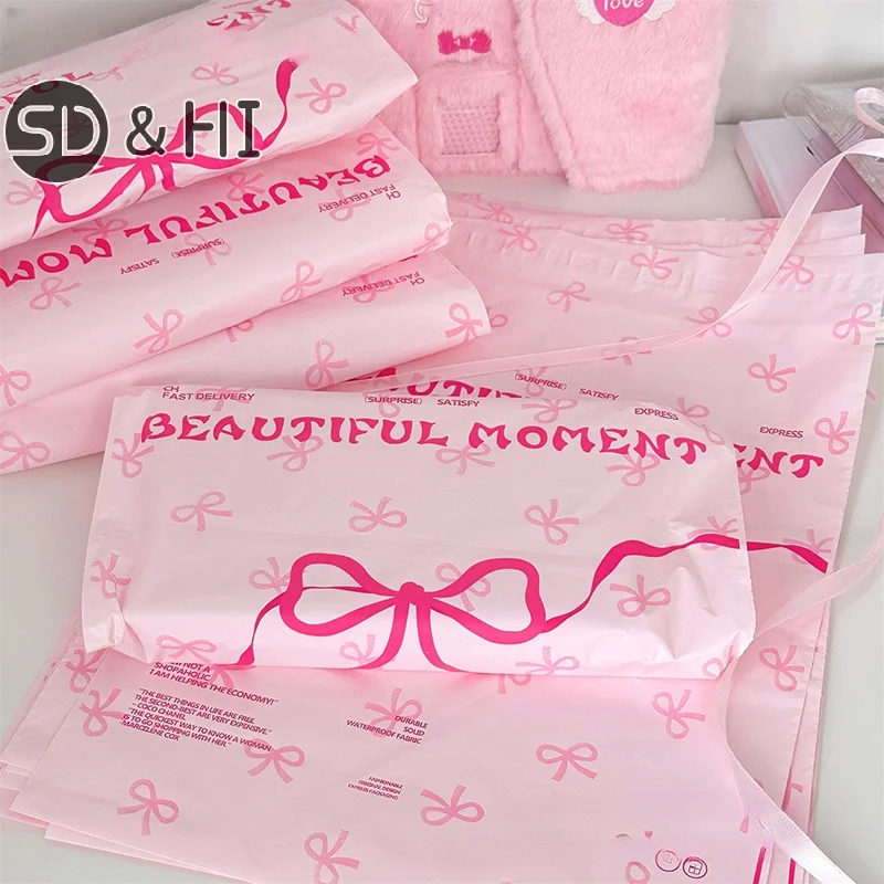 Bolsas de mensajería de plástico rosa con nudo de lazo, sobre exprés impreso, embalaje de ropa, sobres de envío, bolsa de correo autoadhesiva, 10 Uds.