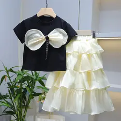 Childrens Sets Girl Short Sleeve Skirt New Sweet Bow Hot Drill Cake Summer Wear Fashion 2024 Simple Round Collar Bows