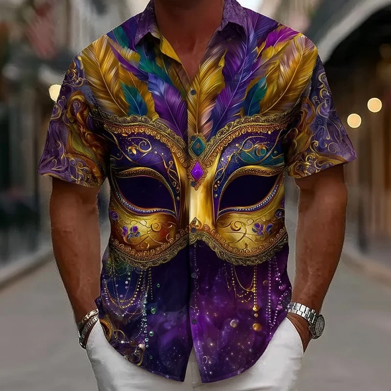 

Carnival Mask Pattern Hawaiian Shirt For Men Colorful Splicing 3D Printed Short Sleeves Summer Street Blouse Loose Aloha Shirts