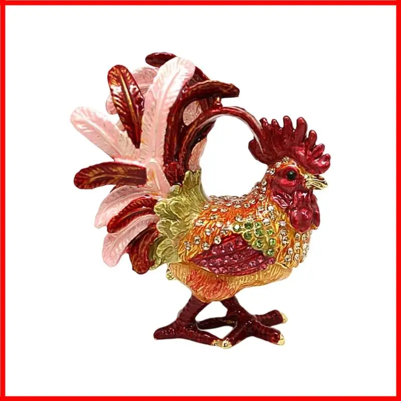 3XUA Hand Painted Enamel Rooster Jewelry Box For Rings Earrings And Small Accessories Decorative Ornament Gift