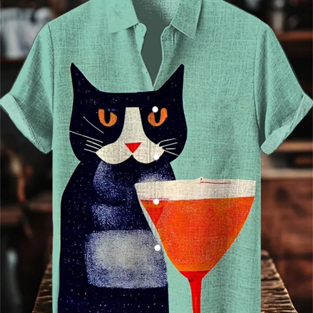 Men's plus Size Short Sleeve Shirt Bizarre Monster Print Lapel Button Casual Linen Shirt Street Classic Trendy Clothing