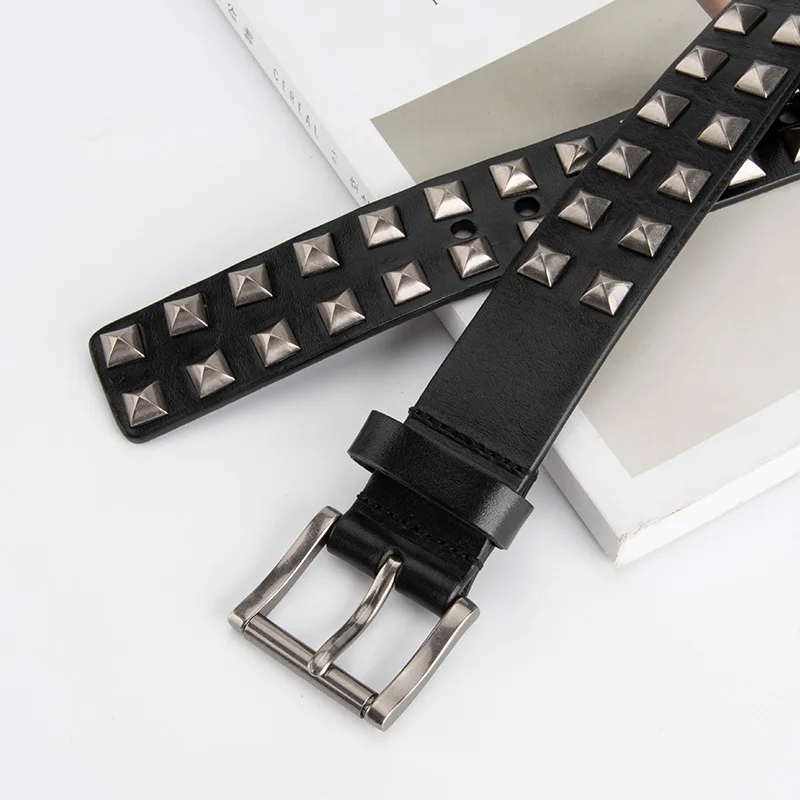 New Women Belt Punk Alloy Rivet Leather Belt Square Bead Pyramid Decorative Women's Hip Hop Jeans Belt