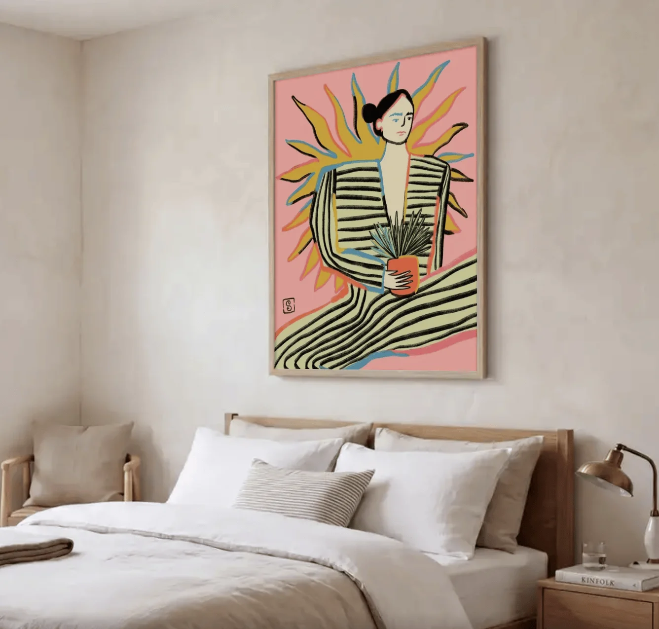 Boho Sun Figure Wall Art Canvas Prints, Striped Woman Posters, Abstract Plant Decor for Living Room Bedroom Wall Decor