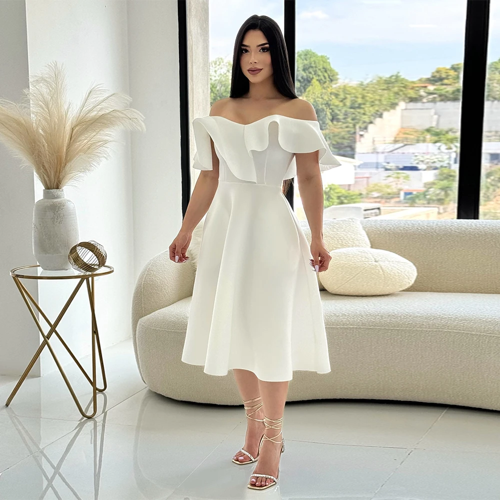 

Customized Women's Cocktail Dresses 2026 Off the Shoulder Ruffle Short Cocktail Gowns Midi A Line Tea Length Simple Party Dress