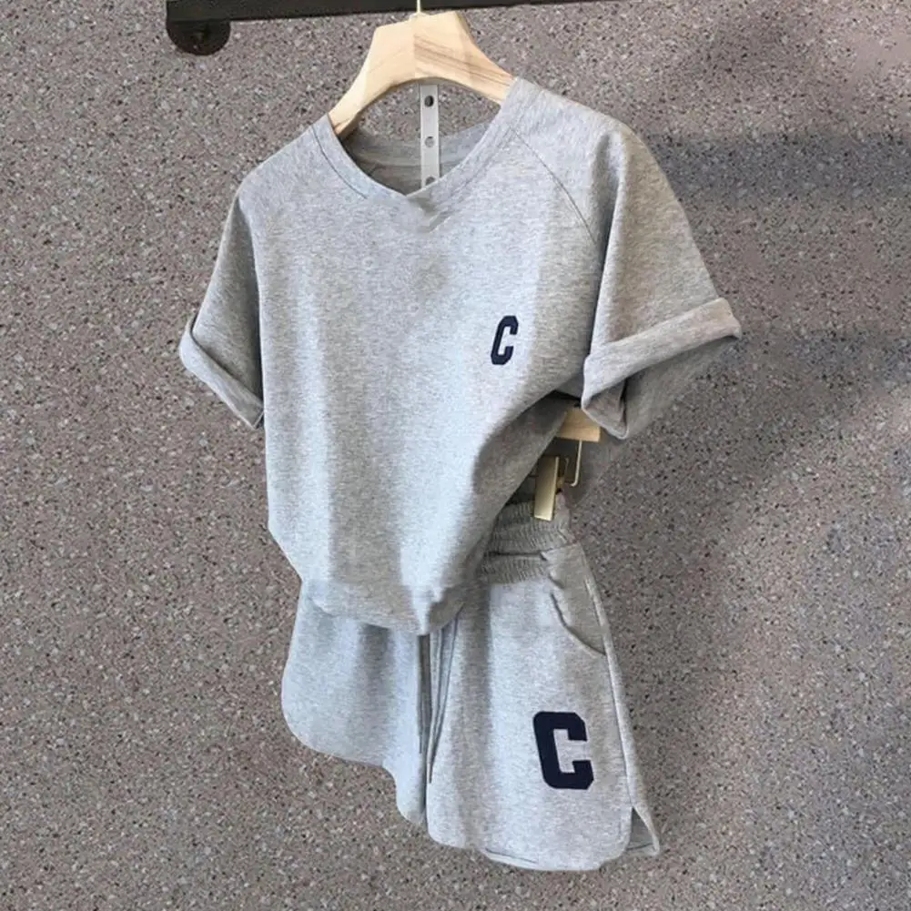 Chic Casual Round Neck Two Piece Set Above Knee Length Lady T-shirt Shorts Set Women Summer Tracksuit Sports
