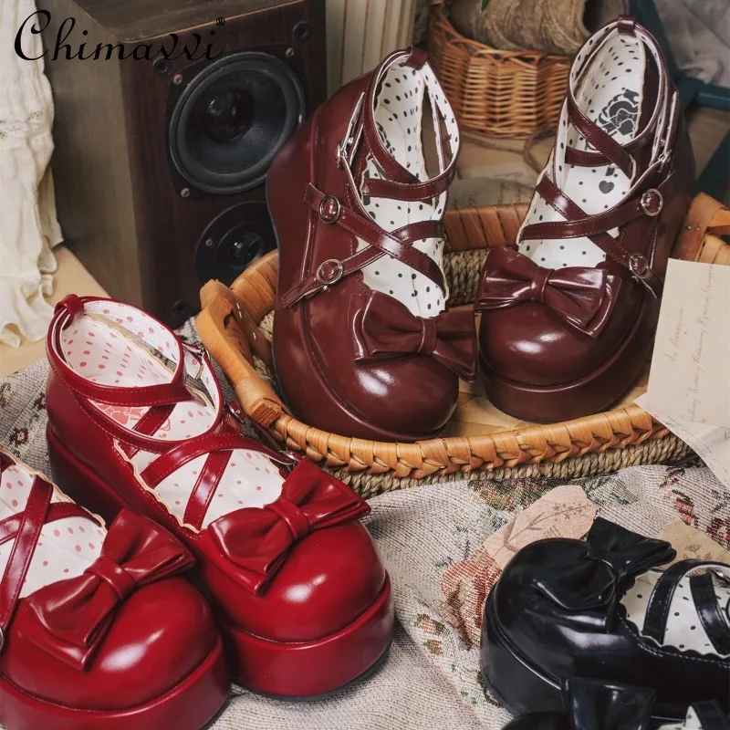 

Original Lolita Round Toe Thick-Soled Platform Shoes Spring Autumn New Sweet Girl Cute Bow Princess Womens High Heel Pumps Shoes