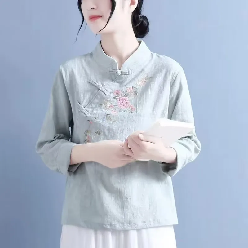 2023 Chinese Style Embroidered Long Sleeve Shirt Women Cotton Linen Stand Collar Clothing Vintage Casual Shirts Hanfu Tops 4XL