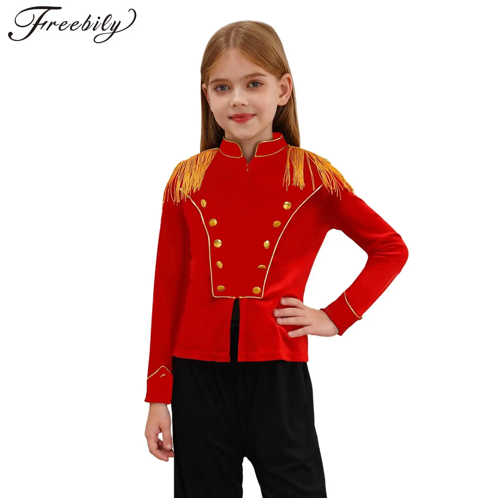 Kids Halloween Circus Ringmaster Cosplay Performance Costume Long Sleeve Tassel Zipper Velvet Jacket Drum Band Parade Uniform