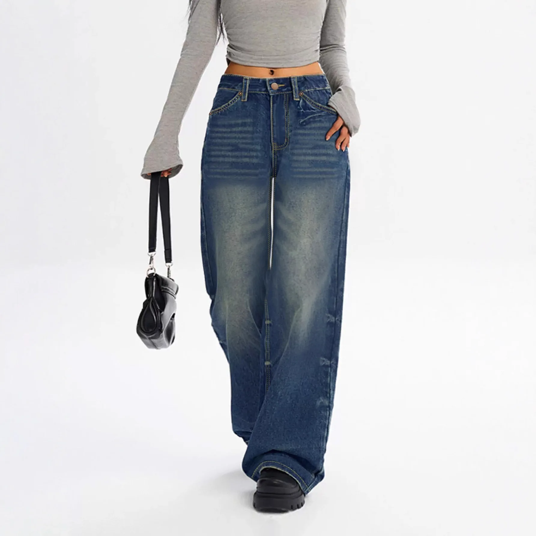 

Retro Faded Straight Leg Jeans Women's Draping Slimming Spring Autumn Low Waist American Style Versatile Wide Leg Long Pants