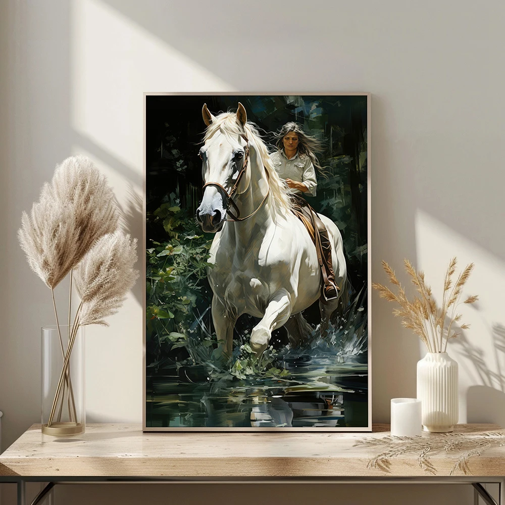 The Girl Rides a Horse Canvas Painting Wall Art Printed Poster Illustration Home Decor Items
