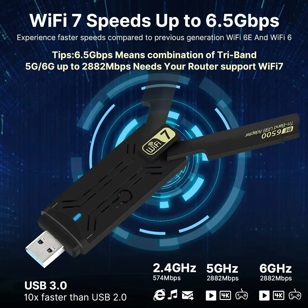BE6500 WiFi 7 USB 3.0 Adapter Tri‑Band 2.4G 5G 6GHz 6500Mbps 802.11BE Wireless Network Card Driver‑Free for PC Laptop Win10/11