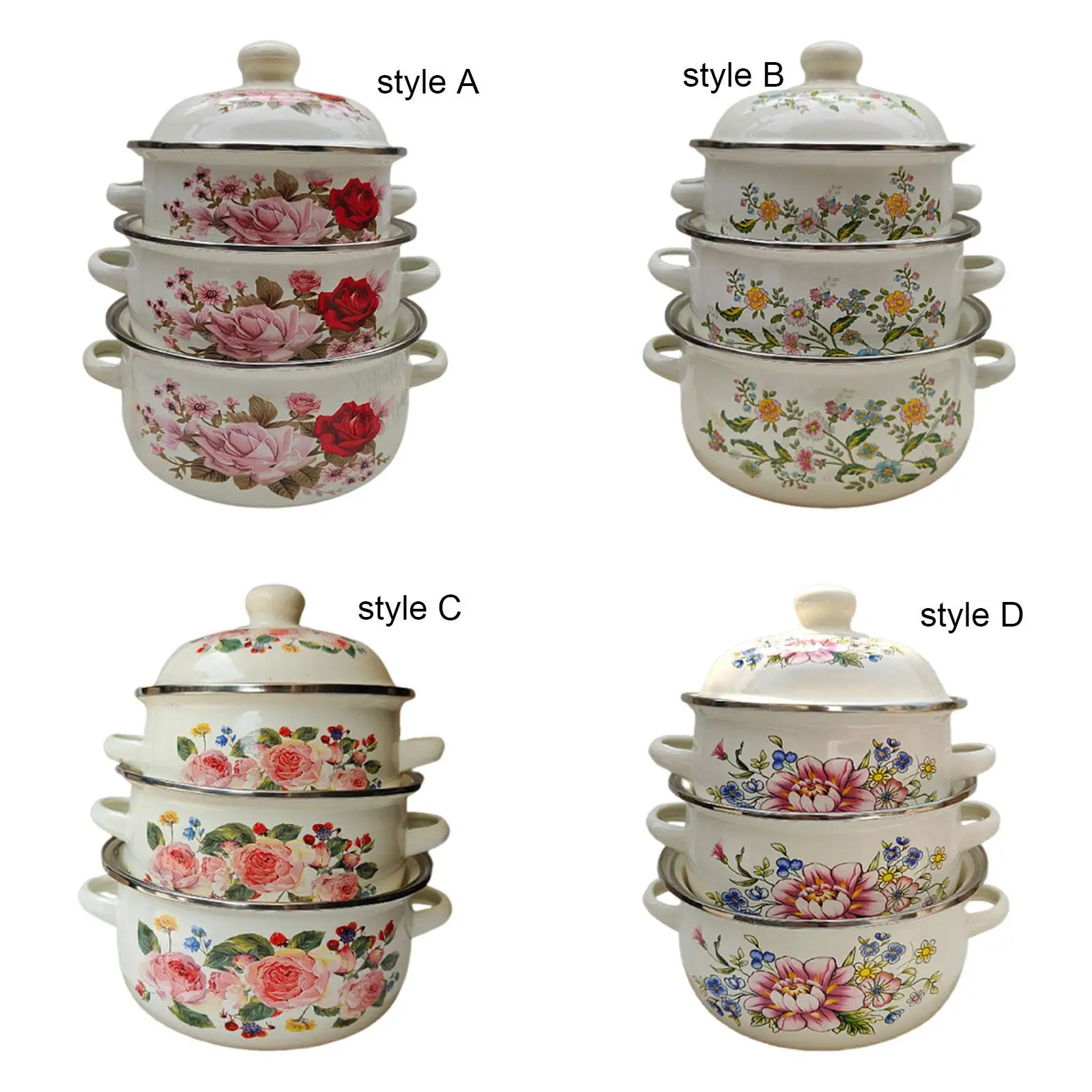 3 Pieces Enamel Stockpots Double Handle Retro Design Kitchen Appliances Cooking Pots for Dining Restaurant Cooking Kitchen Home