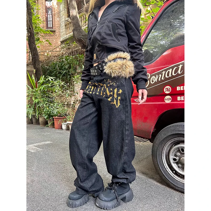 ZHIZOU Women Black Baggy Y2k Jeans Print Grunge Jean Pants Vintage Harajuku Oversize Washed Denim Trousers Alternative Clothes view 2