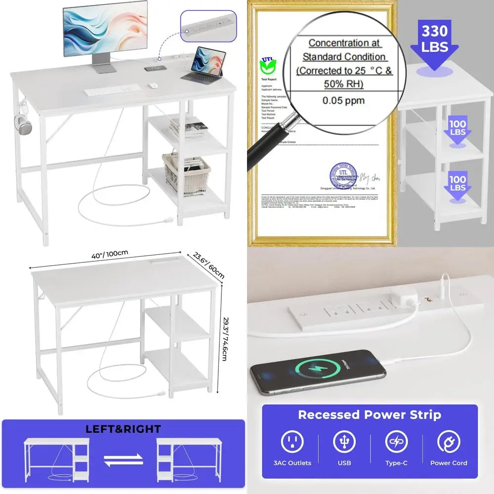 

40x24 Inch Compact Gaming Desk with USB and Type-C Ports, Storage Shelves for Home Office and Bedroom Use