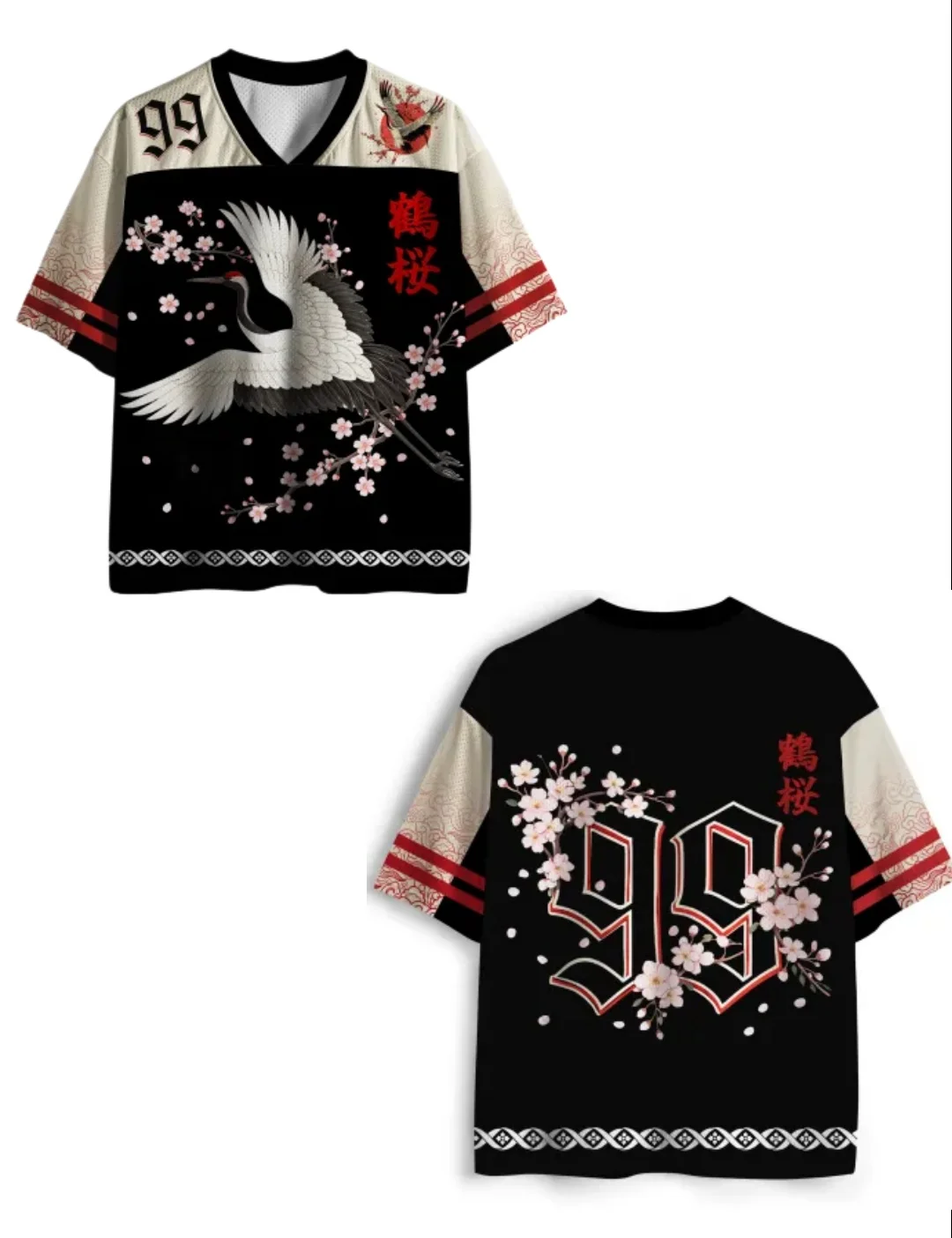Latest Harajuku-style Y2K Adult and Kids Crane Cherry Blossom 3D Print V-Neck Jersey T-Shirt with Raglan Sleeves