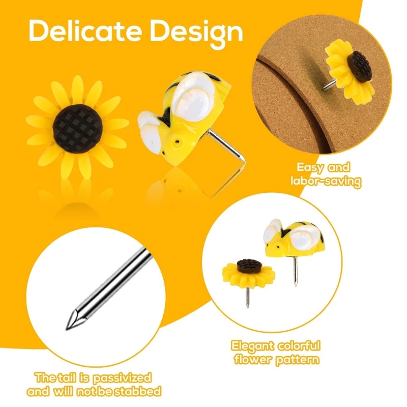30 Chiếc Dễ Thương Nhựa Hoa Hướng Dương Ong Đẩy Chân Ngón Tay Cái Đinh Nút Chai Ban Trang Trí Đẩy Chân Văn Phòng Lớp Học Biên