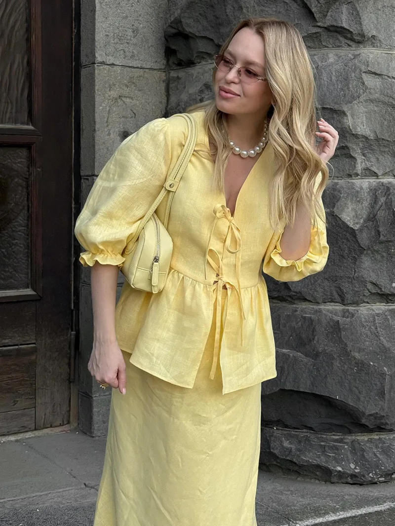 Élégant pur coton à lacets t-shirt jupe ensemble assorti femmes 2025 nouveau à volants manches bouffantes hauts une ligne jupe dames tenue décontractée