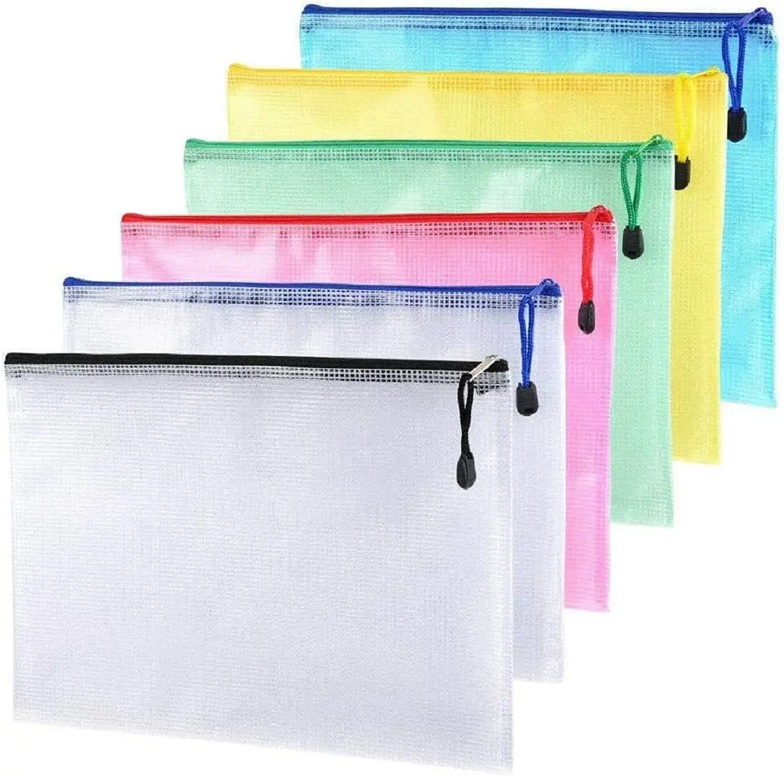 

6PCS A3 Plastic Wallets Zip Lock Bags Mesh Document Wallet Document Folders Plastic Pockets Zipper File Wallet for School Office