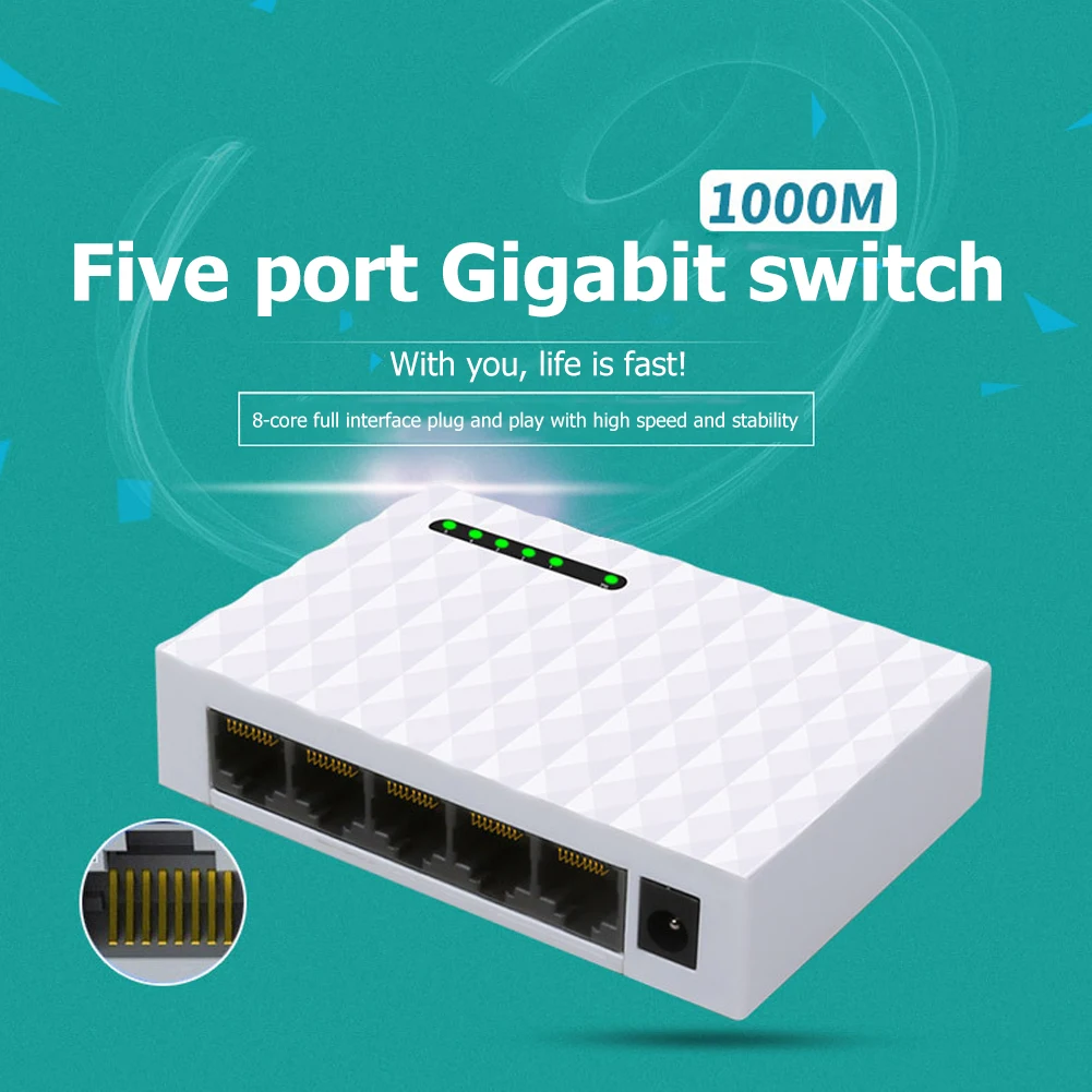 5 Port Gigabit Network Switch 1000Mbps RJ45 LAN Desktop Fast Ethernet Switching HUB Shunt with EU/US Power Adapter for Monitor