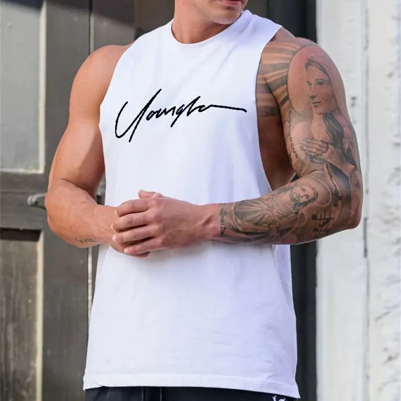 New summer streetwear Casual cotton men\'s vest Fashion wide shoulder crew neck top Fitness sports breathable men\'s sportswear