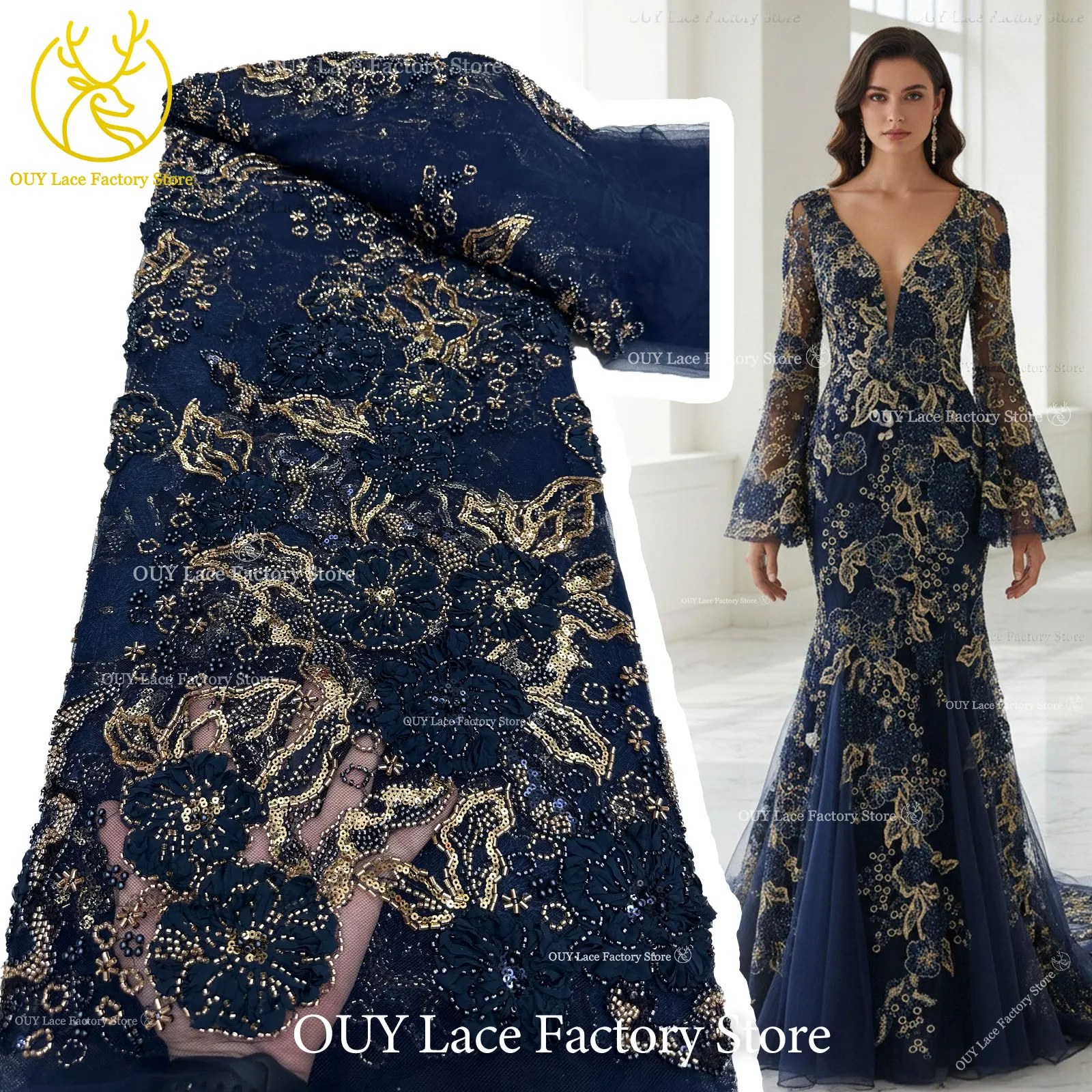 Luxury African Sequins Beaded Embroidery Lace Fabric 2026 New Style Nigerian Bridal Wedding Embroidery French Tulle Dress Fabric