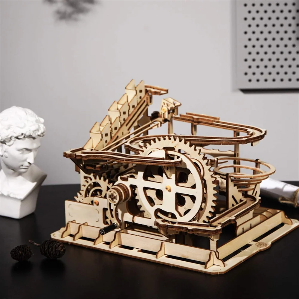 Robotime Rokr Hand Cranked Marble Run Wooden Model Kits DIY Waterwheel Wooden Model Building Block Kits for Children Adult