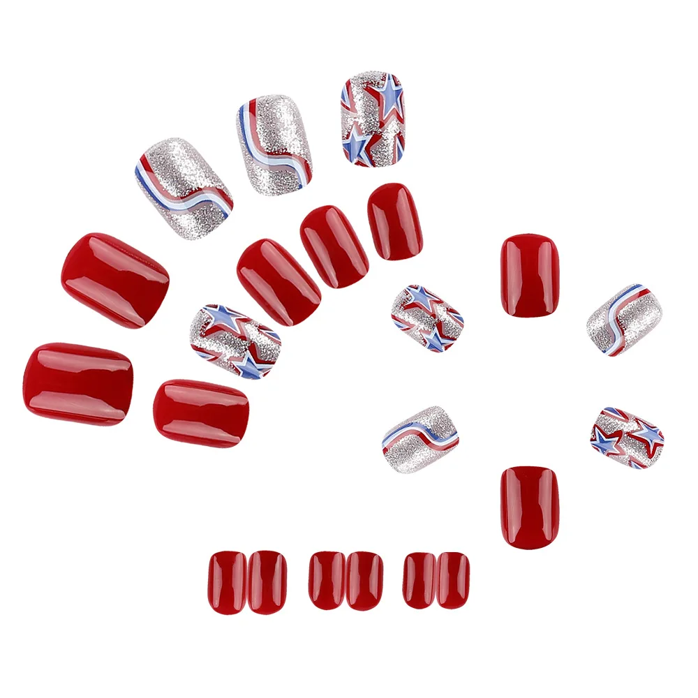 Ensemble de Faux Ongles avec Colle pour Manucure, Carré Européen Brcorporelle, Étoiles et Rayures, Portable, N64.24 Pièces