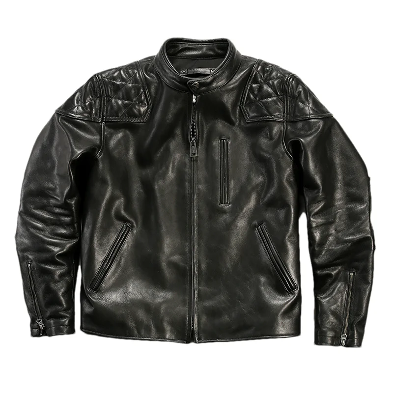 Black Autumn Leather Jacket Men Biker Style Plus Size 4XL Natural Cowhide Stand Collar Genuine Leather Coat