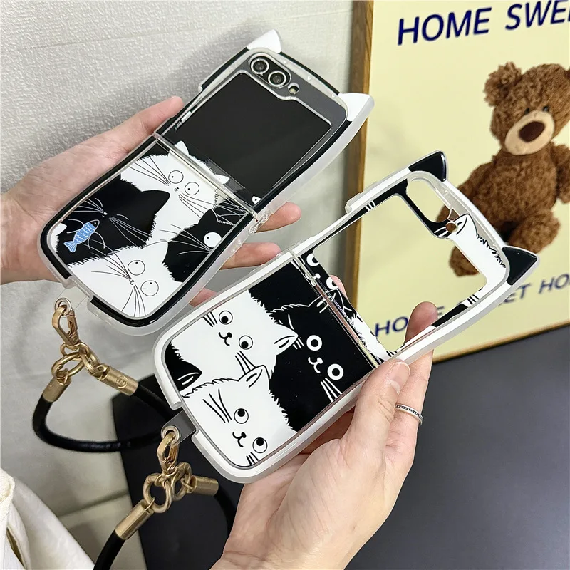 

Black White Cat Ear Phone Case For Samsung Galaxy Z Flip 7 6 5 4 Protective Back Cover For ZFlip5 ZFlip6 ZFlip7 Case Shell