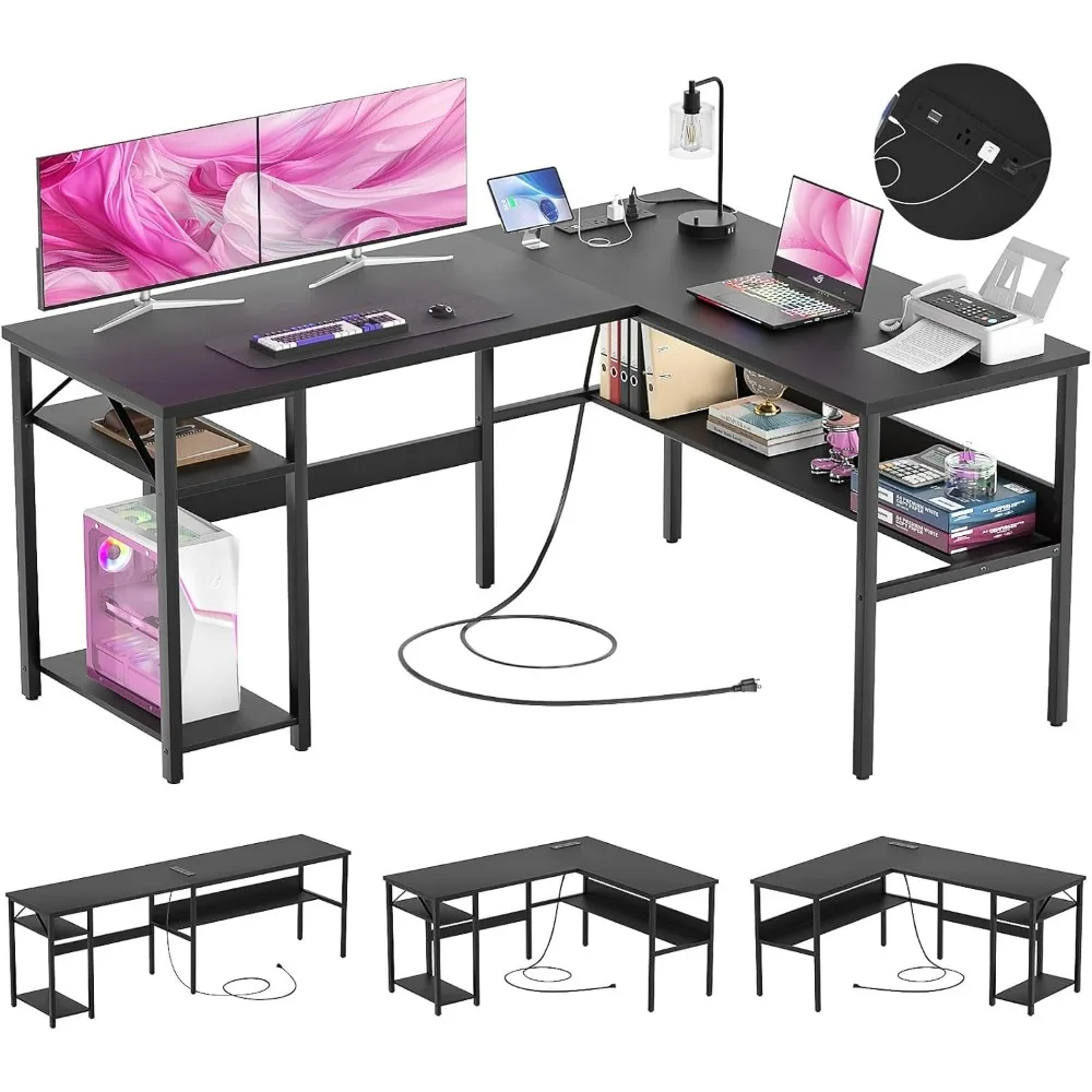 

L Shaped Computer Desk with Power Outlets and USB Charging Ports, Sturdy Corner Desk with Storage Shelf