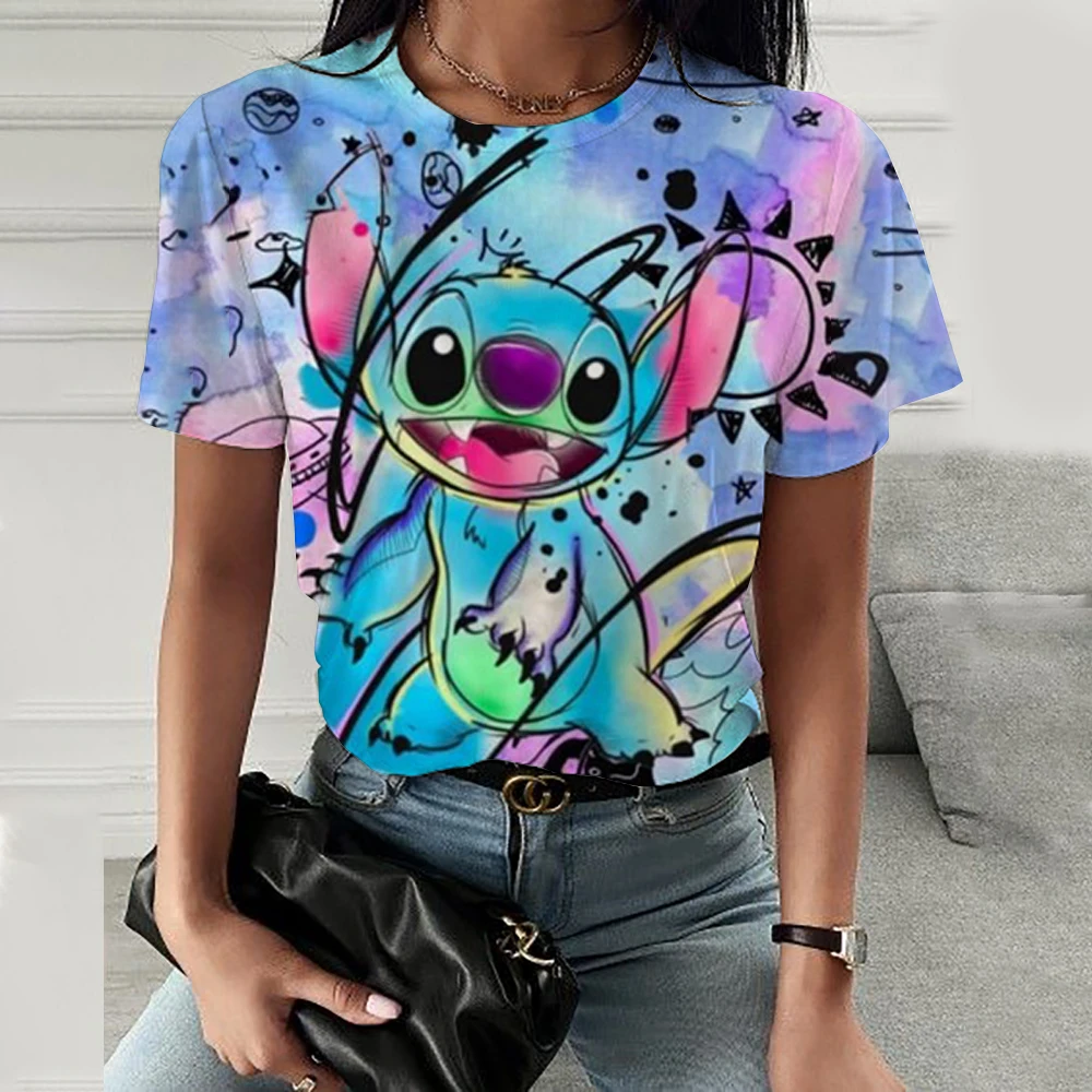 Kawaii Lilo Stitch Print T-shirts Tops for Women Lady Summer Children T-shirts Casual O-neck Ohana Stitch Disney T-shirts