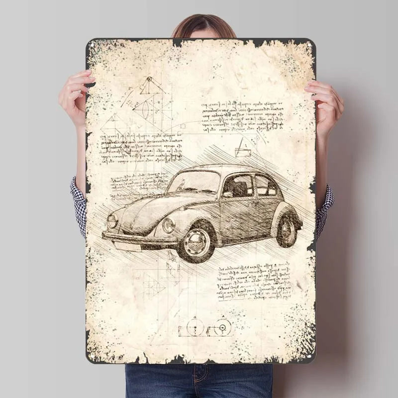 Volkswagen Beetle Metal Sign Blueprints Poster Home Interior Decoration Living Room Decor for Room Decor Items Aesthetic Retro