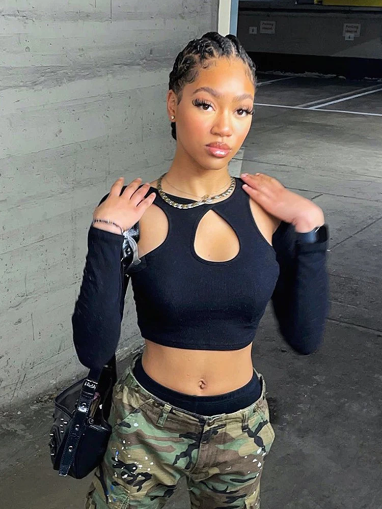 تي شيرت نسائي أسود بأكمام طويلة قصير ، توب جرانج ، تي شيرت نادي جمالي ، رقبة مستديرة ، مثير ، جانبي ، صيفي ، #3