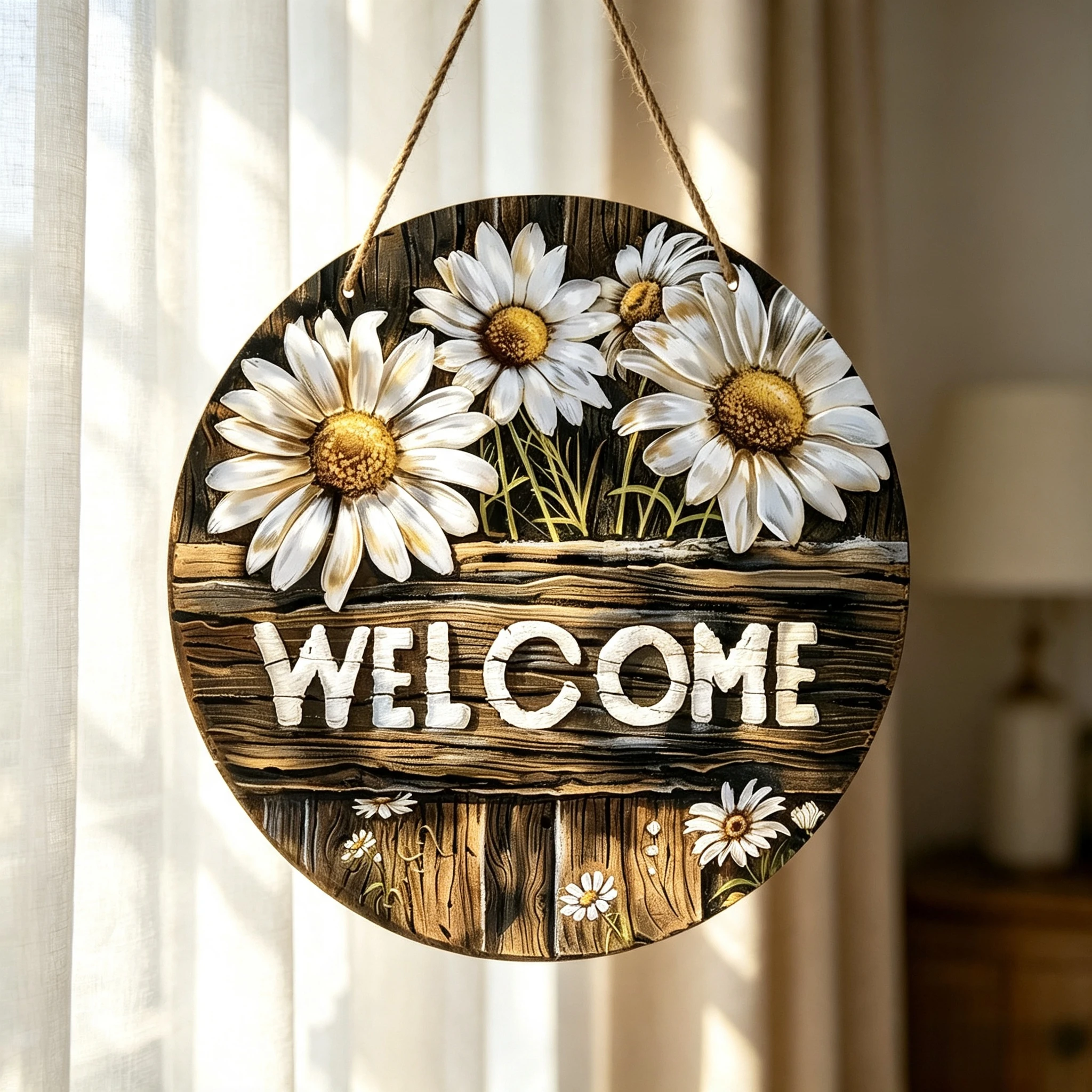 White Daisy Welcome Round Acrylic Hanging Sign Rustic Farmhouse Decor,Distressed Dark Wood Plank Daisy Floral Acrylic Front Door Wall Ornament