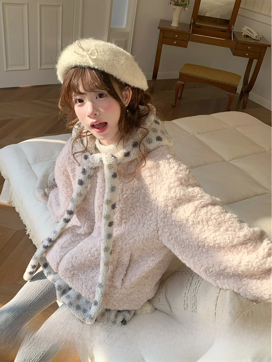 

Sinsingirl Spring Plaid Polka Dot Hat Soft Plush Jacket And Shorts Set Women's Fashion Two-Piece Suit Pink Color Long Sleeve ...