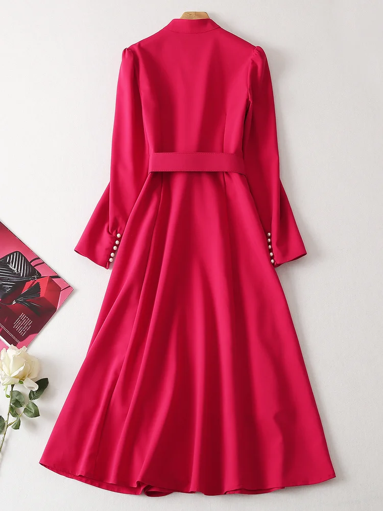Princess New Designer Fashion Autumn High Quality Women\'s Vintage Elegant Casual Party High Street Long Sleeve Belt Midi Dress