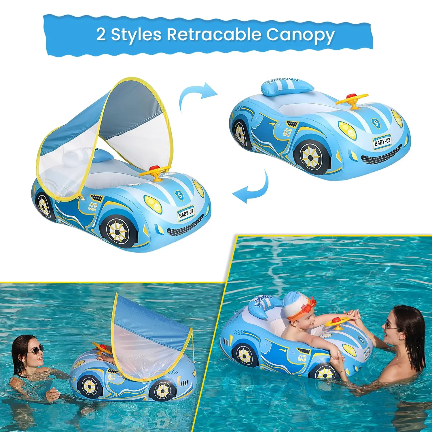 Flotador de asiento de coche para niños, flotador inflable infantil para verano, barco de natación, Círculo de baño, piscina, juguete de agua con dosel