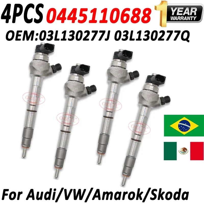 

4PCS 0445110688 Common Rail Diesel Fuel Injector 03L130277J 03L130277Q For Bosch VM AMAROK 2.0/CADDY/GOLF 0 445 110 688 ORLTL